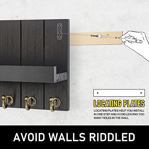 Rebee Vision Key Holder for Wall Set : 10'' Key Rack with 5 Metal Hooks and 13'' Mail Organizer Basket with 6 Key Hooks, Wooden Key Hanger with Mounting Hardware for Bags, Coats, Letters - Black
