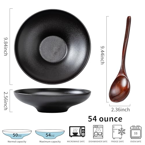 Ceramic Serving Bowls with Wooden Spoons Set of 2, Large Serving Bowl for Dinner Salad Soup Pasta Dessert Fish Fruit Chicken Bread, Oven Dishwasher Safe, 50oz Bowl for Entertaining, 9.75" Pure Black - color: Black