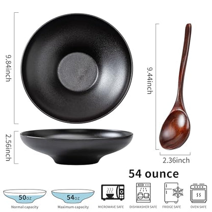 Ceramic Serving Bowls with Wooden Spoons Set of 2, Large Serving Bowl for Dinner Salad Soup Pasta Dessert Fish Fruit Chicken Bread, Oven Dishwasher Safe, 50oz Bowl for Entertaining, 9.75" Pure Black - color: Black