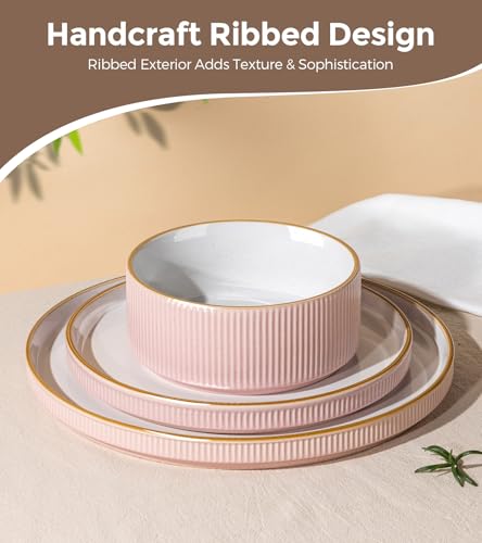 GBHOME Stoneware Dinnerware Sets for 4, 12 Pieces Plates and Bowls Set | Lightweight Ceramic Ribbed Dishes, Reactive Glaze Stackable Plate Set, Scratch Resistant, Microwave & Dishwasher Safe, Pink - color: Pink