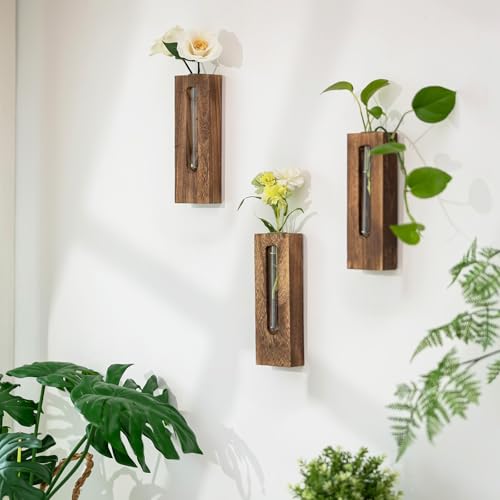Farmhouse Wall Plant Propagation Station with Glass Tubes | Wall-Mounted Wood Vase with Borosilicate Glass Tube, for Plant Cuttings, Pothos, Herbs and Air Plants, Farmhouse Display - color: Brown