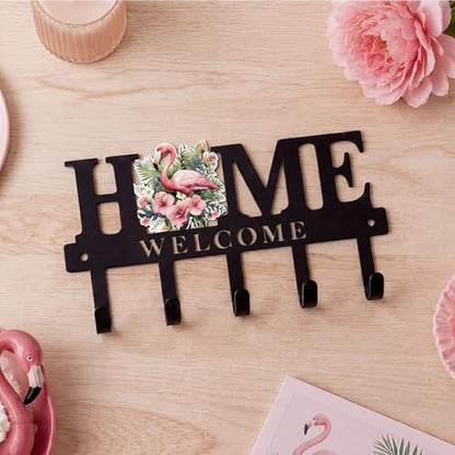 Key Holder Wall Mount Pink Flamingo Metal Key Hooks Organizer with 5 Hooks Rustic Farmhouse Welcome Home Wall Hook Tropical Boho Decor for Entryway Bathroom Living Room 9.8 Inch - style: Pink Flamingo