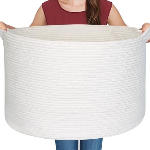 White Cotton Rope Storage Basket, 22" X 22" X 14" Extra Large Blanket Storage Living Room, XL Soft Toy Bin for Organizing, Woven Baby Laundry Basket with Handle, White Wicker Hamper Nursery - color: White, size: 22"x22"x14"