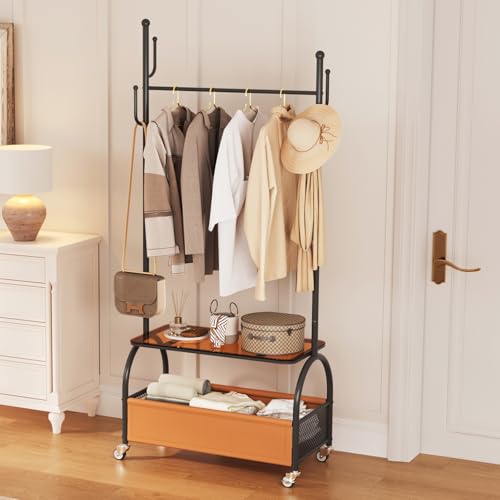 Uniclinens Clothes Rack - Rolling Clothing Rack With Shelves, Metal Clothes Hanger with Wheels, Wardrobe Organizer Garment Rod for Hanging Clothes (Black) - color: Black-2, size: Coat Tree
