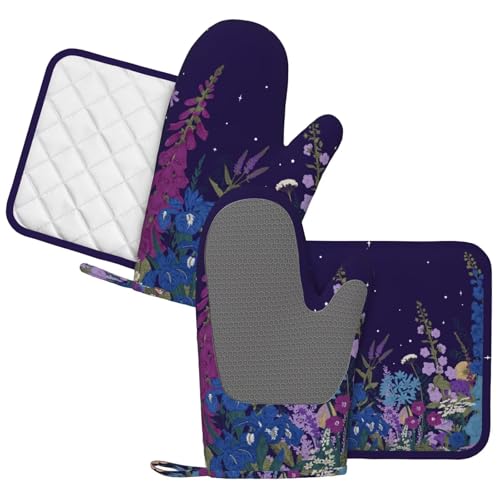 Wildflowers Florals Oven Mitts Pot Holders Set Silicone Heat Resistant Wildflowers Oven Mitts and Hot Pads Florals Potholders Non-Slip Oven Gloves for Cooking Baking Grilling BBQ - color: Purple