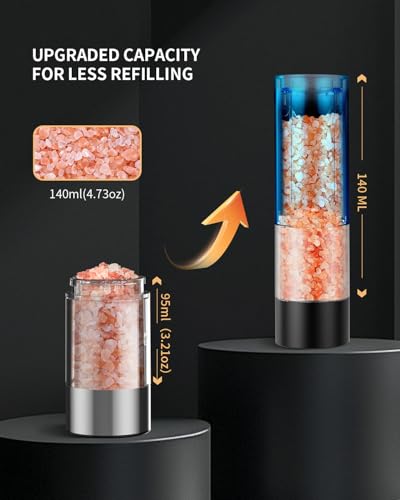 CIRCLE JOY Electric Salt and Pepper Grinder Set with Charging Base, Rechargeable Automatic Pepper Mill, Adjustable Coarseness, LED Light, 140ml Large Capacity - color: Classic Black