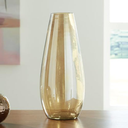 Signature Design by Ashley Rhettman 15.5" Contemporary Amber Glass Vase | High-transparency solid glass construction, Heavy 4 lb base for stable tall branch display, Indoor and outdoor use - size: 6.5" W x 6.5" D x 16" H