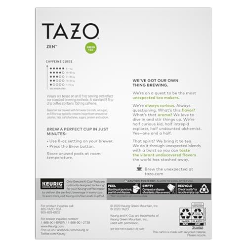 TAZO Organic Zen Green Tea K-Cups, Caffeine Free Tea with Refreshing Lemongrass & Spearmint, 22 Pods (Pack of 2) - size: 22 Count (Pack of 2) Organic Zen