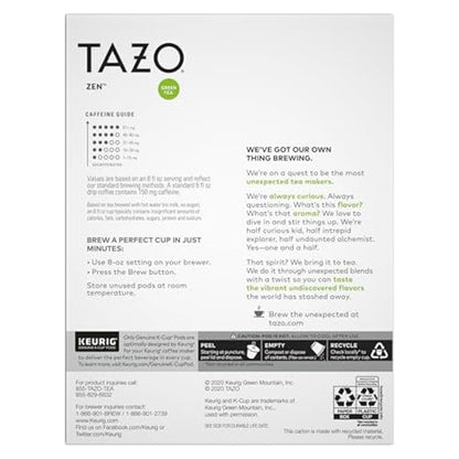 TAZO Organic Zen Green Tea K-Cups, Caffeine Free Tea with Refreshing Lemongrass & Spearmint, 22 Pods (Pack of 2) - size: 22 Count (Pack of 2) Organic Zen