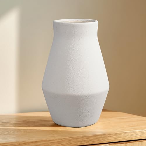 White Ceramic Vase, 11 Inch | Rustic Farmhouse Pottery Flower Vase for Table, Living Room and Entryway Home Decor - color: White, size: 11 inch