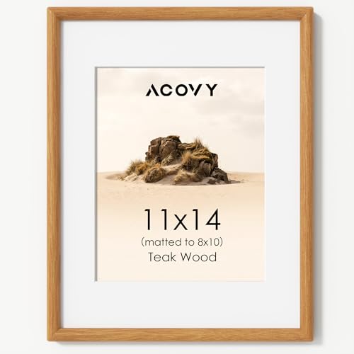 Acovy 11x14 Picture Frame, Natural Solid Teak Wood 11"x14" Photo Frame for Wall, Handcrafted Wooden Frame 11 x 14 Matted to 8x10, High Definition Tempered Glass, Wall Hook Included, Natural Teak - color: Teak, size: 11"x14"