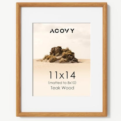 Acovy 11x14 Picture Frame, Natural Solid Teak Wood 11"x14" Photo Frame for Wall, Handcrafted Wooden Frame 11 x 14 Matted to 8x10, High Definition Tempered Glass, Wall Hook Included, Natural Teak - color: Teak, size: 11"x14"