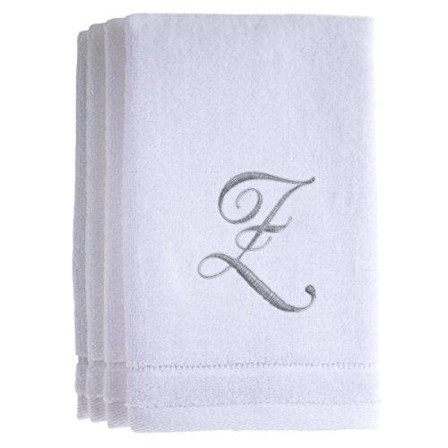 Monogrammed Towels Fingertip, Personalized Gift, 11 x 18 Inches - Set of 4- Silver Embroidered Towel - Extra Absorbent 100% Cotton- Soft Velour Finish - For Bathroom/ Kitchen/ Spa- Initial Z (White) - color: Z