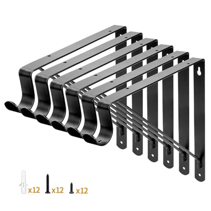 Yarssihha 6 Pack Closet Rod Bracket, 12 x 10.4 Inch Wall Mounted Closet Shelf Bracket, Black Closet Rod Support Bracket with Screws - style: Black-6 pack