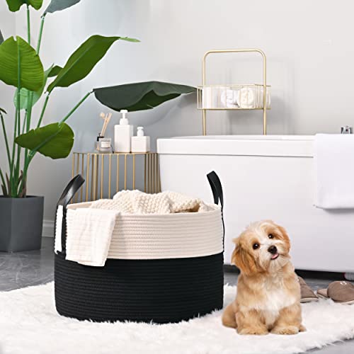 KAKAMAY Large Blanket Basket (20"x13"),Woven Baskets for storage Baby Laundry Hamper, Cotton Rope Blanket Basket for Living Room, Laundry, Nursery, Pillows, Baby Toy chest (White/Black) | Extra Large Capacity | Natural Cotton Rope | Blanket Storage | Wove