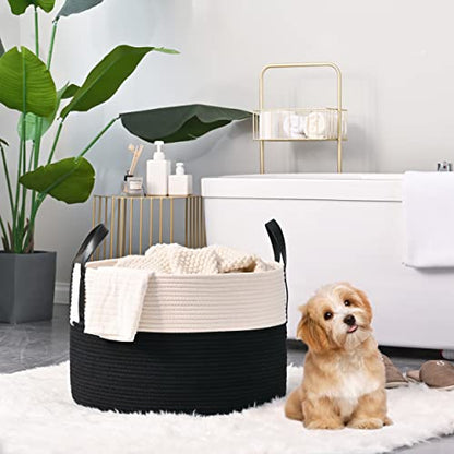 KAKAMAY Large Blanket Basket (20"x13"),Woven Baskets for storage Baby Laundry Hamper, Cotton Rope Blanket Basket for Living Room, Laundry, Nursery, Pillows, Baby Toy chest (White/Black) | Extra Large Capacity | Natural Cotton Rope | Blanket Storage | Wove