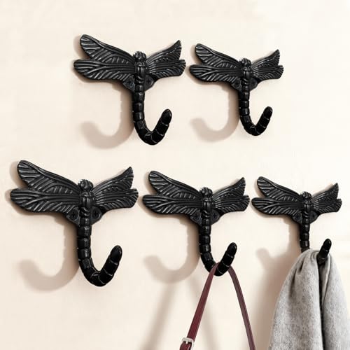 5pcs Dragonfly Coat Hooks Decorative Animal Wall Mounted Heavy Duty Hooks Vintage Towel Bathrobe Hook for Home Handbag Clothes Hats Bags Keys Indoor Outdoor(Matte Black) - color: Matte Black