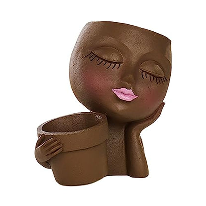 Face Planter Pot, Lady Head Planter with Drainage Holes, Brown | Dual-compartment lady head planter with drainage holes for succulents, cactus, and air plants - color: Brown