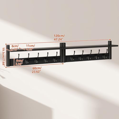 YMYNY 47.2" Coat Rack Wall Mount with Shelf and 10 Hooks, Black UHWS004B-2 | 2 Pack Coat Hooks Wall Mount, Wood Wall Mounted Coat Rack with Hooks, Coat Hanger Wall Mount, Wall Hooks for Hanging - color: Black