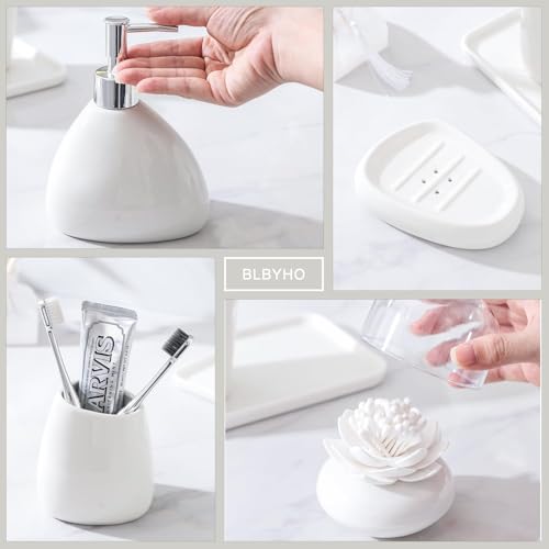 Ceramic Bathroom Accessory Set with Ceramic Tray, 6 Pieces Bathroom Countertop Accessory Set, Include Soap Dispenser, Toothbrush Holder, 2 Tumbler, Soap Dish, Vanity Tray,White - color: A-white * 6 Pieces