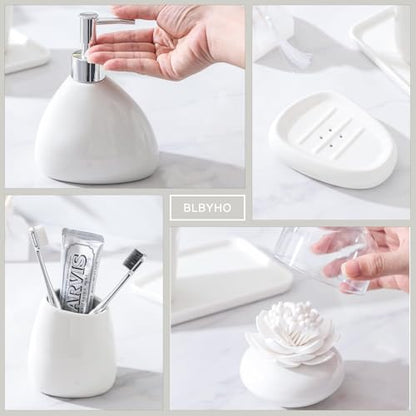 Ceramic Bathroom Accessory Set with Ceramic Tray, 6 Pieces Bathroom Countertop Accessory Set, Include Soap Dispenser, Toothbrush Holder, 2 Tumbler, Soap Dish, Vanity Tray,White - color: A-white * 6 Pieces