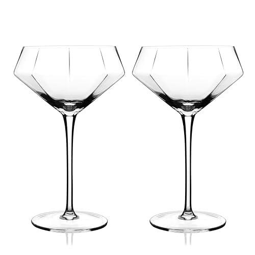 Viski Seneca Diamond Faceted Stemmed Coupe Glasses, Fancy Crystal Martini Glasses, Modern Glassware Perfect for Espresso Martini, Manhattan, Champagne Cocktails, Home Bar Accessories, 11 oz Set of 2 - size: 11 Ounces, style: Diamond Faceted Glasses (Set o