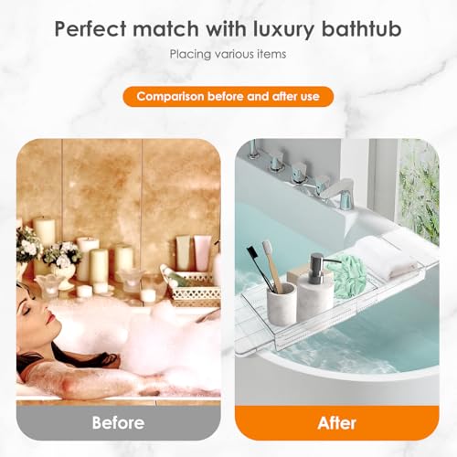 Expandable Bathtub Caddy Tray, 56.5cm to 80.5cm Adjustable Length Clear Bathtub Tray, Plastic Drain Bath Shelf Caddy, Nonslip Multifunctional Bathtub Storage Rack for Candle Towel Book