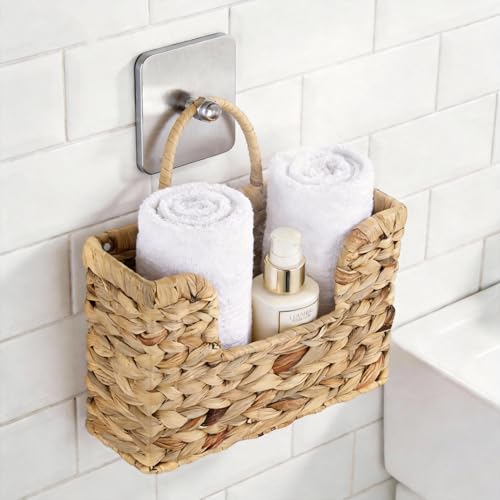 Handwoven Water Hyacinth Wall Basket Storage with Non-Trace Nails - Decorative Hanging Magazine File Holder & Mail Organizer for Wall or Desk - Damage-Free Wicker Book Basket for Office & Home
