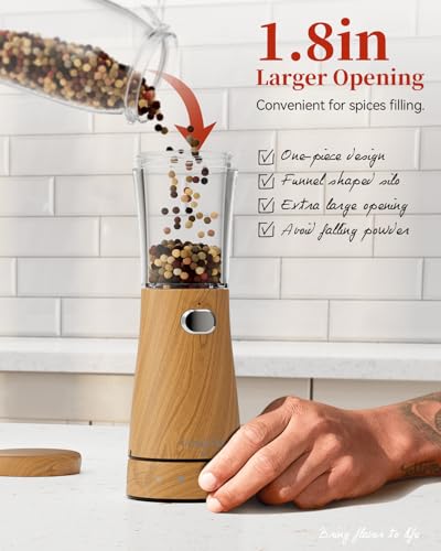 Electric Salt and Pepper Grinder Set with Storage Base, Stainless Steel Rechargeable Salt and Pepper Grinder Set with 4.5 oz Large Capacity, 1.8" Wide Mouth, Adjustable Coarseness, Ideal for Kitchen - color: Light Wood Grain