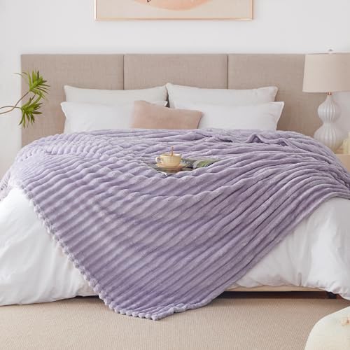 EXQ Home King Size Blanket for Bed or Couch - 3D Stripe Jacquard Decorative Fleece Blankets - Cozy Soft Lightweight Fuzzy Flannel Blanket Suitable for All Seasons(90"×108",Light Purple) - color: Light Purple, size: King