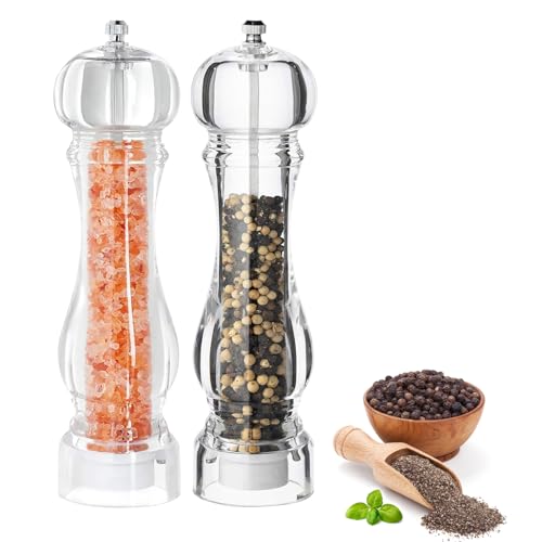 Salt and Pepper Grinder Set, Manual Pepper Mills, 2Pcs Salt Grinder Peppercorn Grinders with Adjustable Coarseness-Clear - color: Clear, size: 8 inch, 2 pieces