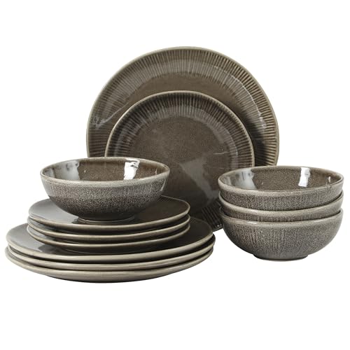 Gibson Elite Sandy Pines Stoneware Plates and Bowls Set - 12 Piece Reactive Glaze Dinnerware Set - Service for 4 - Dishwasher and Microwave Safe - Brown - color: Brown (Sandy Pines), size: Service for 4 (12pcs)