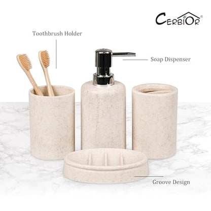 CERBIOR Bathroom Accessories Set 6 PCS Wheat Straw BathroomSet,Beige | Includes Soap Dispenser,Tooth Brush Holder,Toothbrush Cup, Soap Dish for Decorative Countertop and Housewarming Gift - style: beige