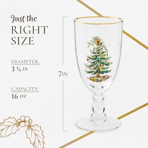 Spode Christmas Tree Pedestal Goblets, 16 Oz - Clear, Set of 4 | Holiday Stemmed Glasses with 22K Gold Rim for Wine, Water & Cocktails, Festive Drinkware for Christmas Dining & Entertaining - style: Pedestal Goblets