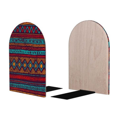 Retro Enthic Mandala Geometric Wooden Print Book Ends Decorative Wood Bookends for Shelves Heavy Books, Non-Skid Book Stoppers, 1 Pair/2 Pieces - size: Large