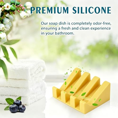 Silicone Soap Dish Self Draining with Suction Cups (Yellow,1 Pack) | Waterfall drainage design drains fast to keep soap dry silicone soap saver with reusable suction cups for bathroom & kitchen - color: Yellow, size: 1