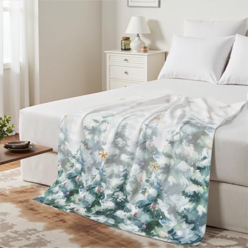 Christma Throw Blanket Flannel Xmas Tree Bells Soft Cozy Fluffy Blanket Watercolor Green Pine Tree Forest Winter Seasonal Home Decor Fuzzy Warm Throw for Living Room Sofa Bed 50 x 60 Inch - color: Forest, size: 60 x 50 inches