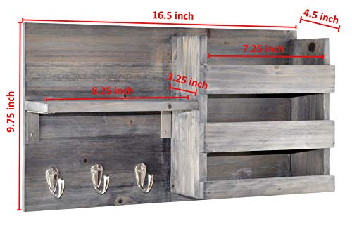 Wall-Mounted Key Holder Hooks - Rustic Wood Weathered Grey & Black - Entryway Organizer for Mail, Leashes, and Purses - Floating Shelf, 16.5” W x 9.75" H x 4.5” D - color: Weathered Grey & Black Organizer & Wood Shelf