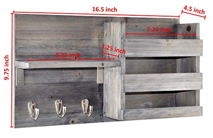 Wall-Mounted Key Holder Hooks - Rustic Wood Weathered Grey & Black - Entryway Organizer for Mail, Leashes, and Purses - Floating Shelf, 16.5” W x 9.75" H x 4.5” D - color: Weathered Grey & Black Organizer & Wood Shelf