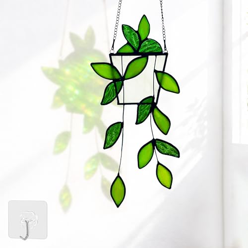 Plant Stained Glass,Stained Glass Window Hanging,Real Handmade Suncatcher,Artificial Green Plants Decor for Women Mom Grandma Plant Lovers,Sun Catcher for Home Windows - color: Green Plant
