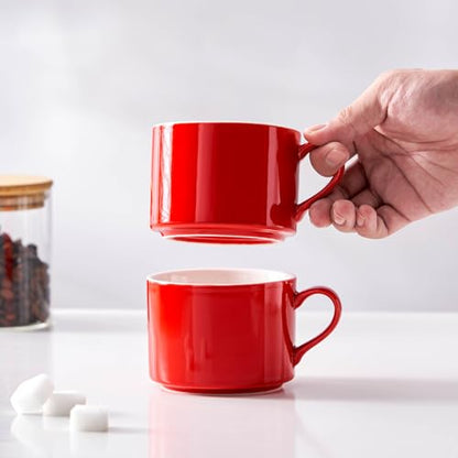10oz Porcelain Stackable Coffee Mugs and Metal Stand Set of 4, Espresso Cups Set for Hot Drinks, Cappuccino, Tea-Red - color: Red