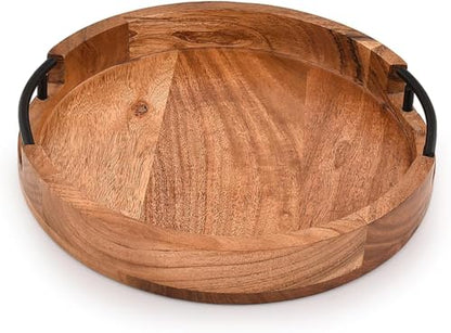 Acacia Wood Tray Round Rustic Farmhouse Wooden Platter for Coffee Table, Ottoman, Drinks, Breakfast with 2 Black Iron Handles (12" X 12" X 1.6")