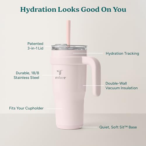 REDUCE 24 oz Stainless Steel Tumbler with Handle - Dual-Wall Vacuum Insulated Travel Mug, Sweat-Proof Lid & Reusable Straw - Keeps Drinks Cold for 24 Hrs, Fits Cupholders, Dishwasher Safe-Pink Cotton - color: Pink Cotton, size: 24 Ounces