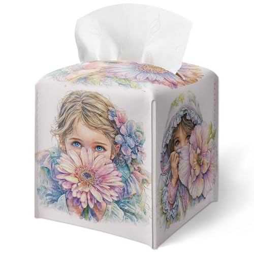 Cute Girl Prints Tissue Box Cover, Floral Child Watercolor Tissue Box Cover Square-Waterproof Leather, Desktop Decor for Living Room Vanity Office, Aesthetic Home Decor, Gift for Women & Friend-A30 - color: Cute Girl Prints