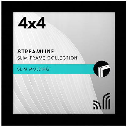 Americanflat 4x4 Picture Frame - Slim Molding - Black | Shatter-resistant glass, wall or tabletop display with included easel, triangle hangers included, secure turn-tab backing - color: Black, size: 4x4
