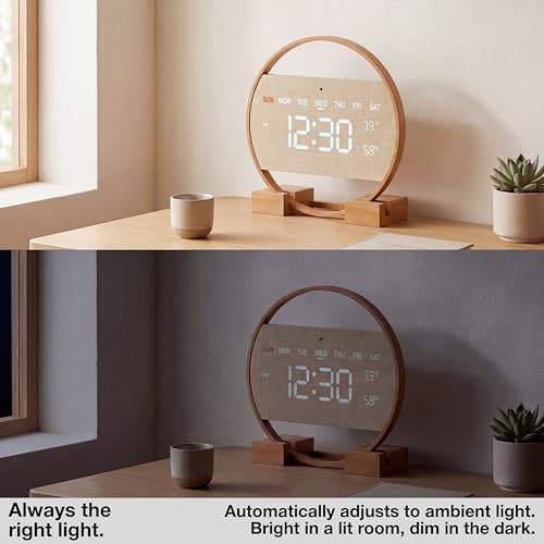 Driini Large Digital Wall Clock -Round Digital Bamboo Wooden Wall Clock with Large Display - LED Wall Clock - Auto-Dimming – Plug in USB with Temperature & Humidity – Large Wall Clock for Living Room.