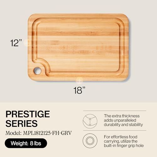 John Boos Prestige Series Rectangular Wooden Maple Cutting Board 18”x12” – 1.25” Thick, 8-lb Reversible Butcher Block with Juice Groove, Edge-Grain & Finger Grip Hole – Made in the USA - size: 18"L x 12"W