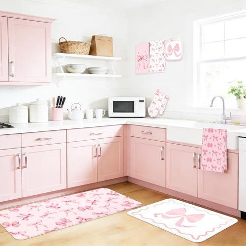 JarThenaAMCS 10Pcs Pink Bow Kitchen Dish Towels Rugs Oven Mitts and Pot Holders Set Farmhouse Kitchen Decor Set for Women Mom Daughter Gift Cooking Baking Home Housewarming Party Favors Supplies
