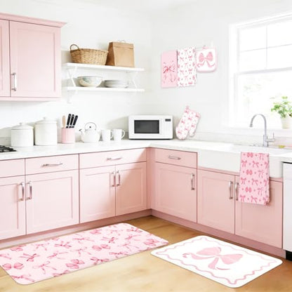 JarThenaAMCS 10Pcs Pink Bow Kitchen Dish Towels Rugs Oven Mitts and Pot Holders Set Farmhouse Kitchen Decor Set for Women Mom Daughter Gift Cooking Baking Home Housewarming Party Favors Supplies