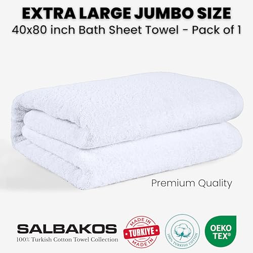 SALBAKOS Luxury 100% Turkish Cotton Bath Sheet 40x80 in (1-Piece, White) | Extra Large Jumbo Oversized Bathroom and Beach Towel, Super Soft Highly Absorbent Thick Premium Hotel Quality, Made in Turkey - color: White, size: Jumbo Bath Sheet